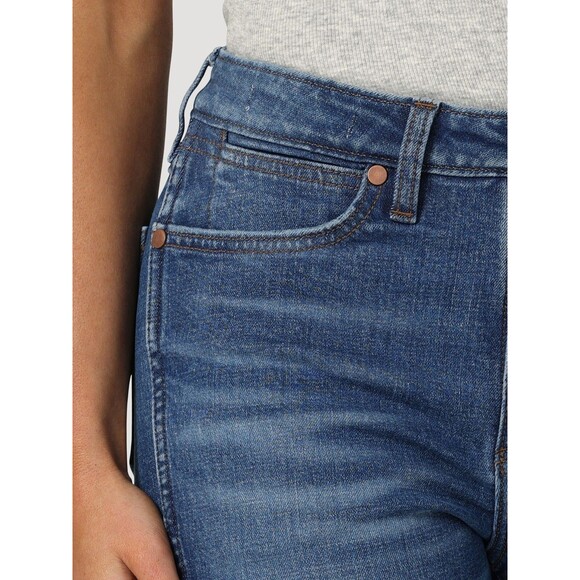 Wrangler Womens Retro High Rise Flare Denim Jeans Dark Blue Stretch Trumpet - Picture 8 of 14